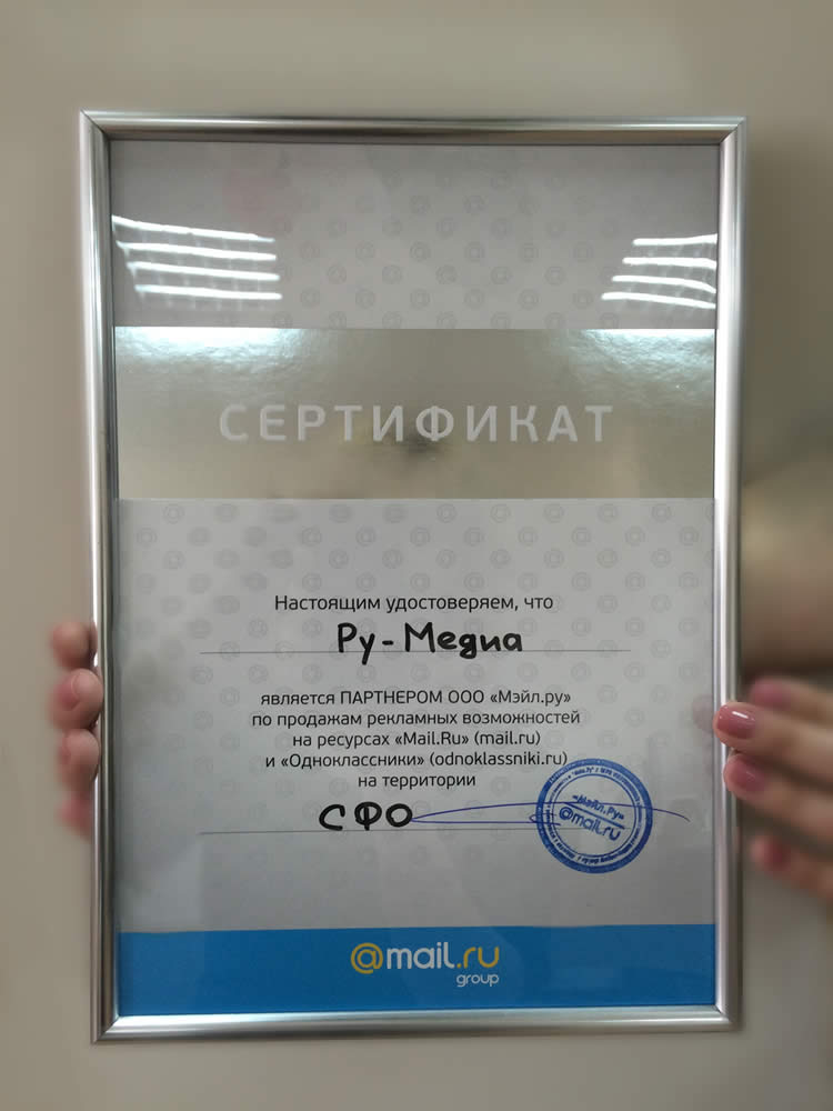 Сертифкат премиум-партнера Мэйл Групп